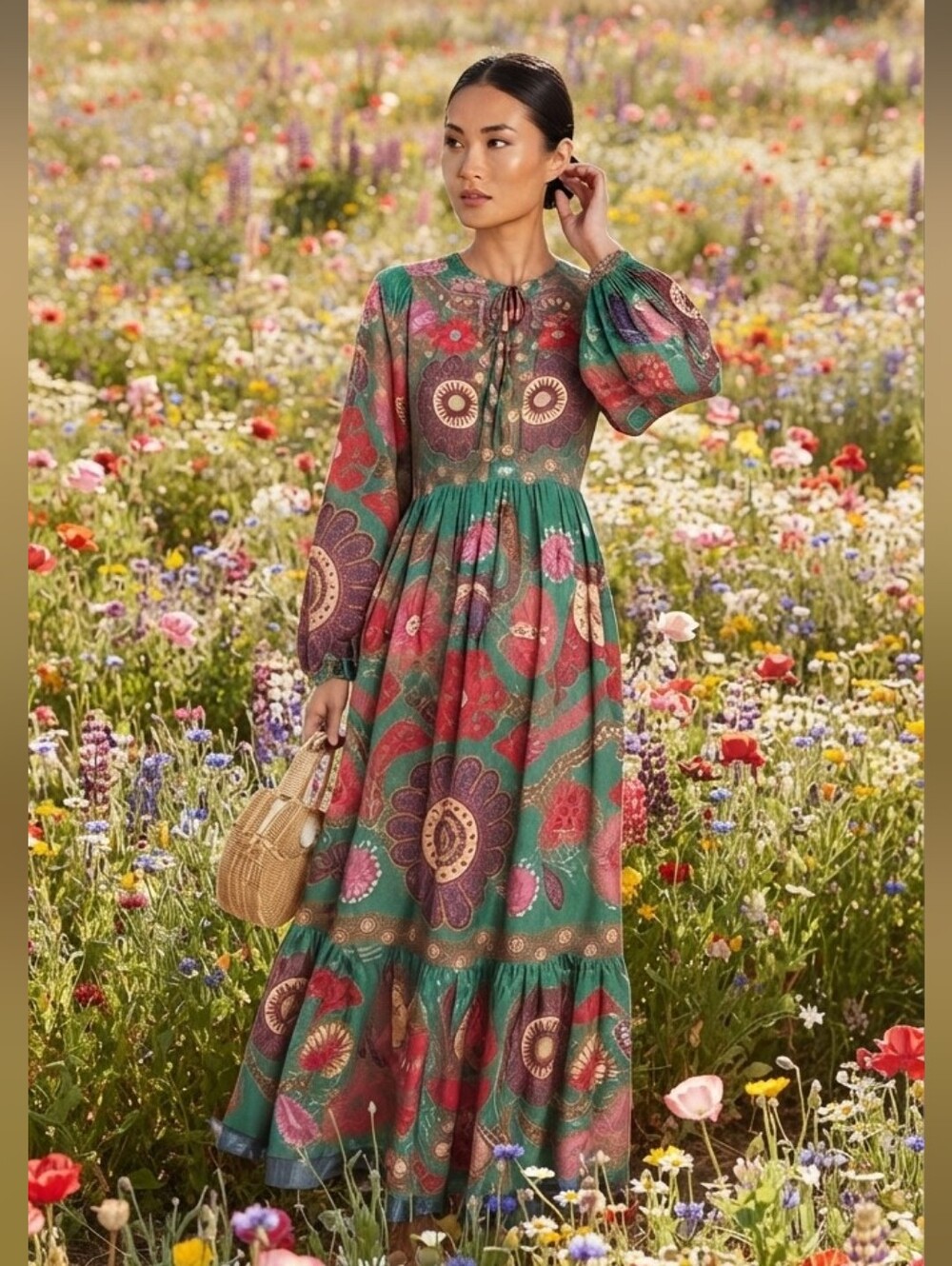 Emerald Floral Tiered Maxi Dress with Long Sleeves